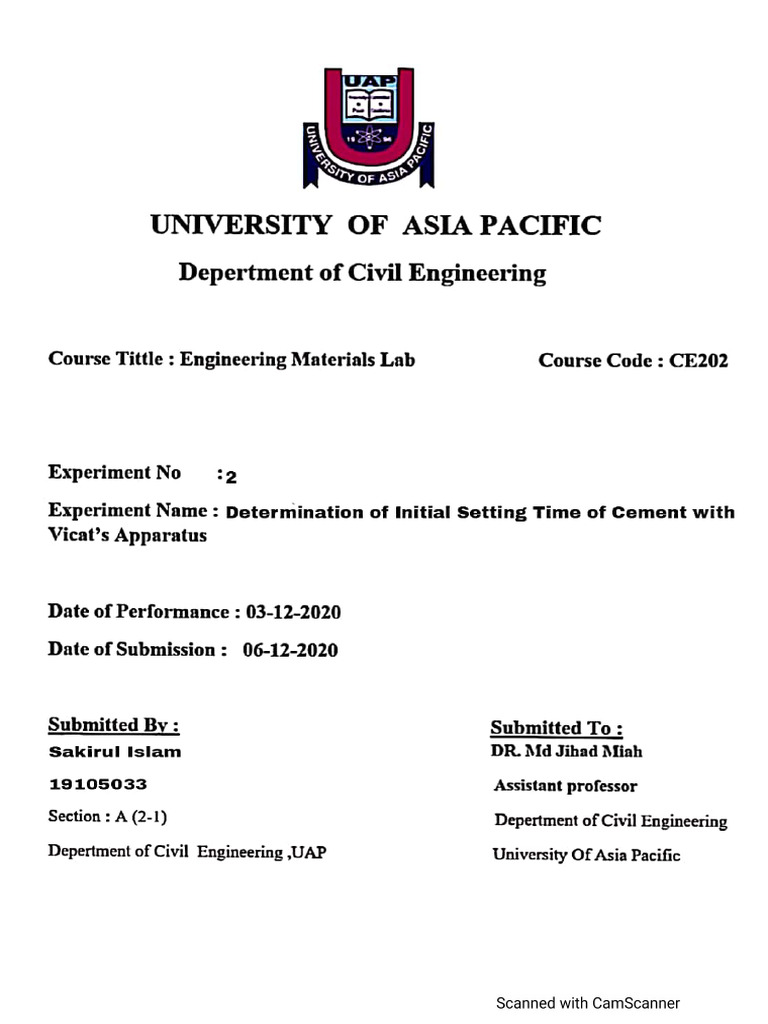 Cement Setting Time Experiment | PDF