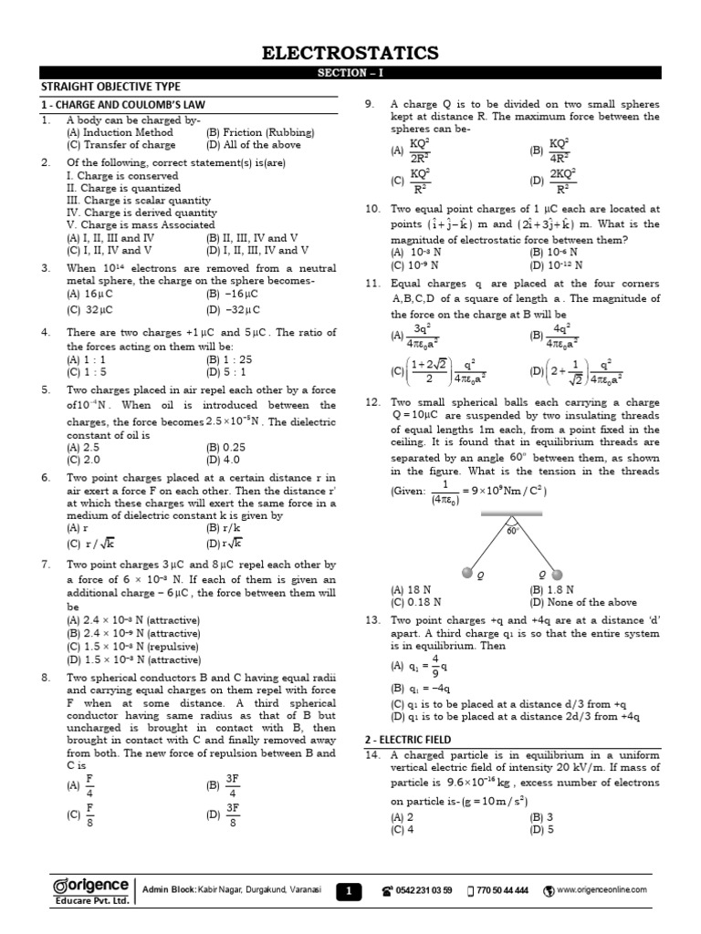 Electrostatics Objective Questions | PDF | Sphere | Electric Field