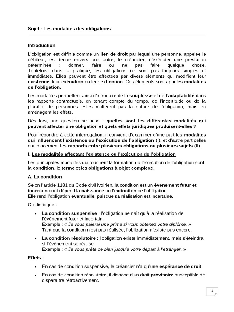 Modalités des obligations en droit civil | PDF | Droit des obligations ...