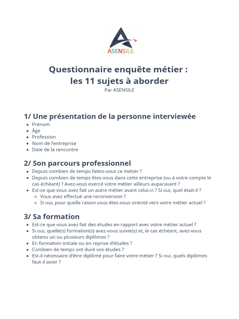 Questionnaire sur les métiers à explorer | PDF