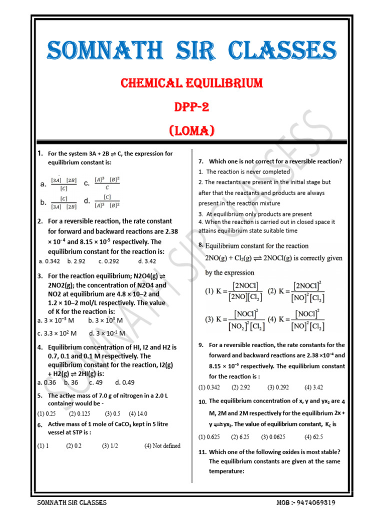 Chemical Equilibrium Practice Problems | PDF | Chemical Equilibrium ...