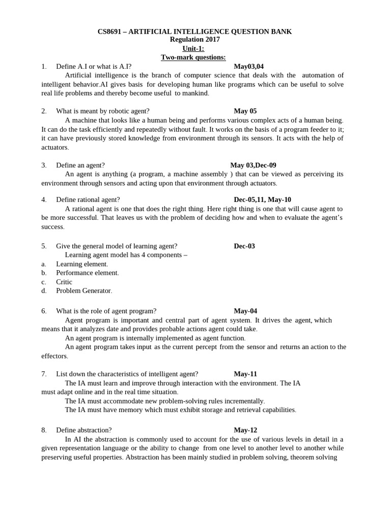 AI Question Bank: CS8691 Regulation 2017 | PDF | Algorithms And Data ...