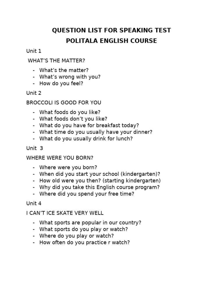 Question List For Speaking Test | PDF