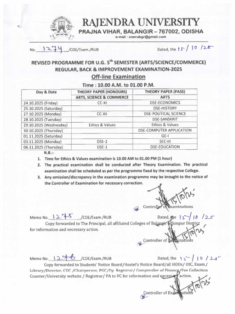 Revised Programme For UG 5th Sem Reg, Back & Improv. Exam. 2025 | PDF