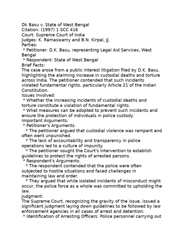 DK Basu v. State of West Benga | PDF | Arrest | Police