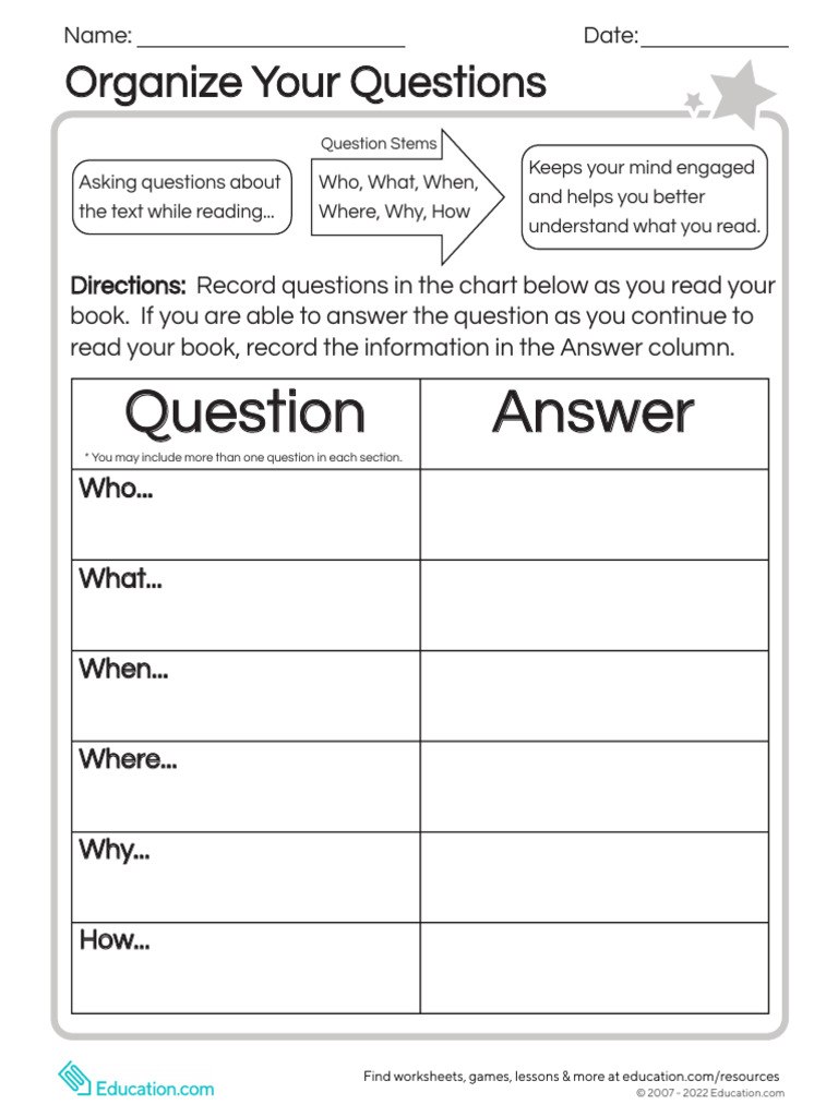 Reading Comprehension Question Chart | PDF