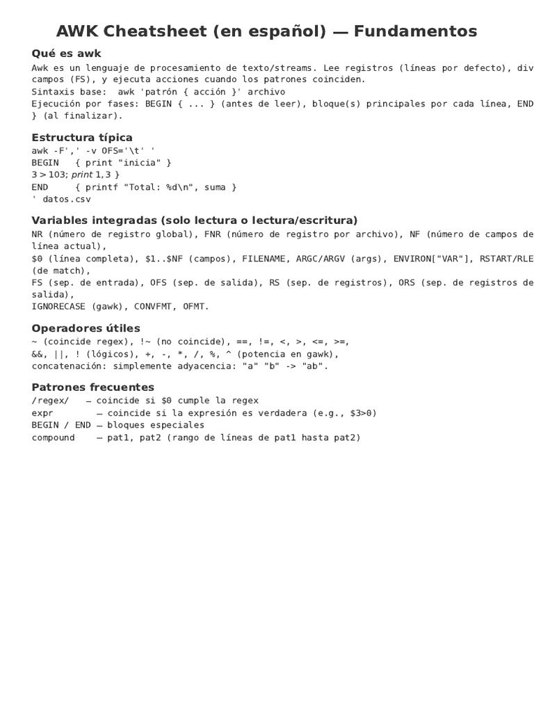 Cheatsheet de AWK en Español | PDF | Desarrollo de software | Ciencias ...