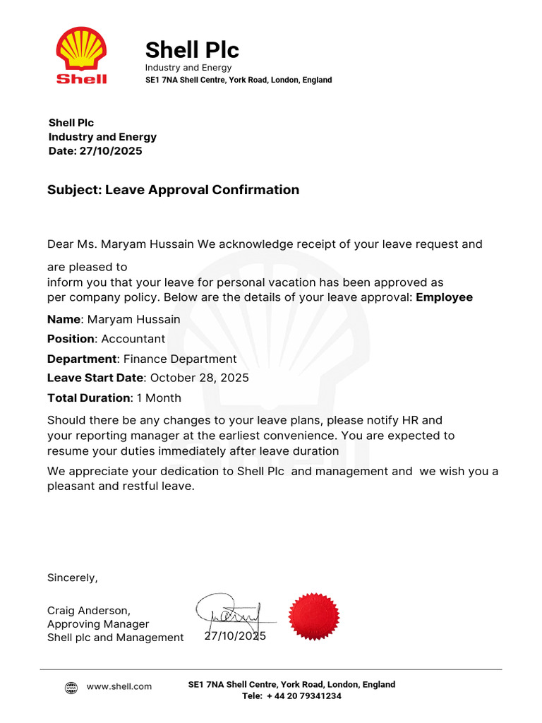 Shell PLC Employee Leave Approval - PDF - 20251027 - 162649 - 0000 | PDF