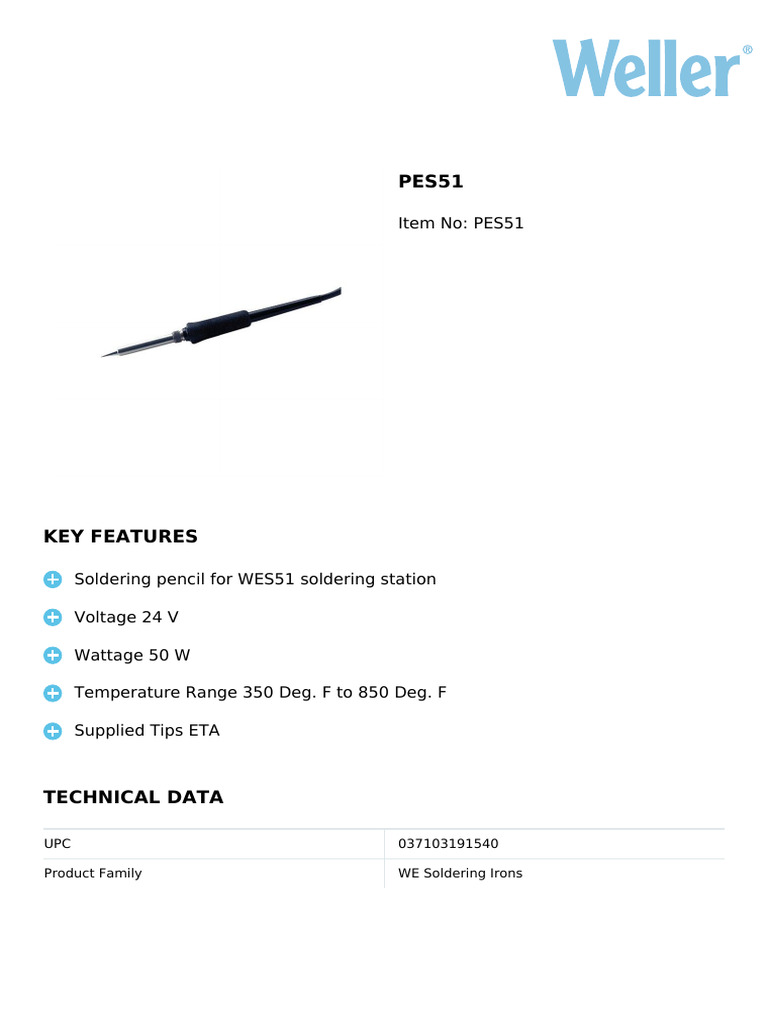Datasheet 50 Watt Soldering Pencil PES51 | PDF