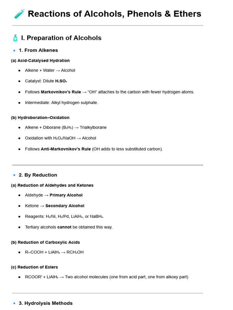 Alcohols, Phenols & Ethers Reactions Guide | PDF | Ester | Ether