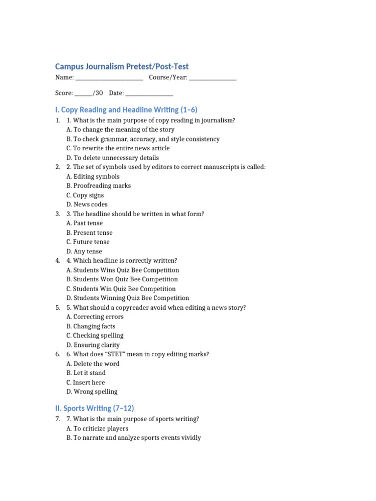 Campus Journalism Assessment Test | PDF | Copy Editing | Human ...