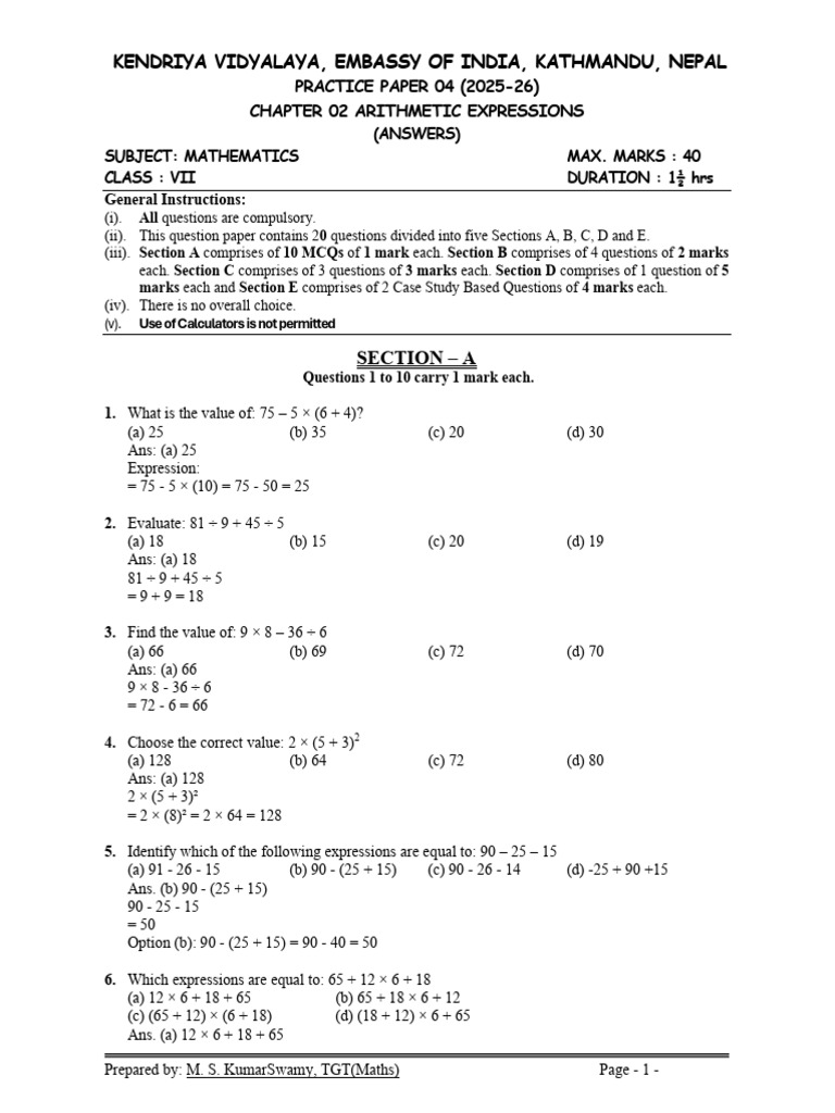 Class 7 Mathematics Practice Paper | PDF
