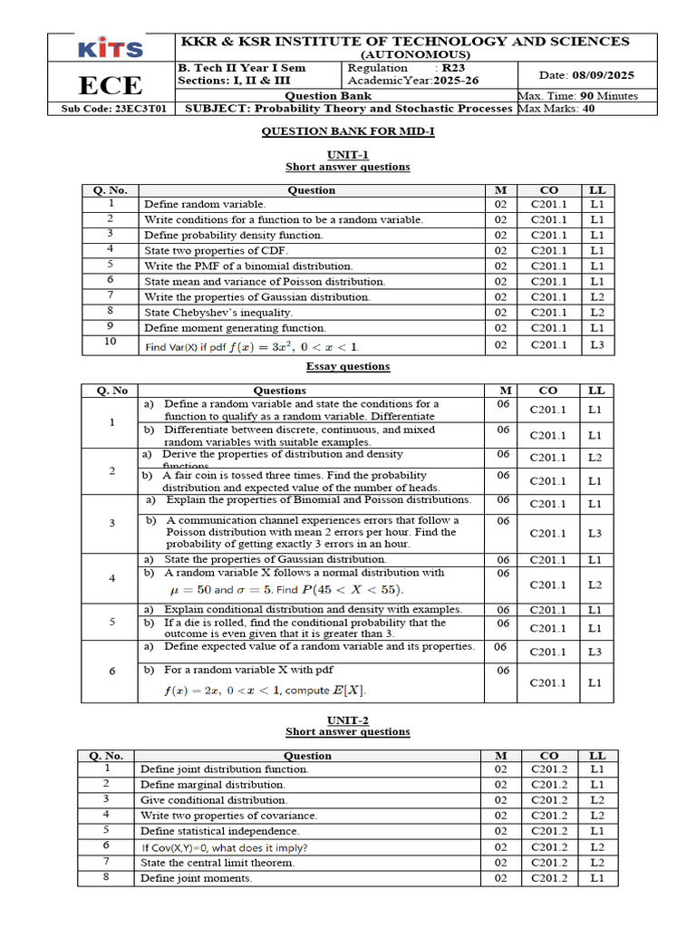 PTSP Question Bank for R23 ECE Mid-I | PDF | Probability Distribution ...