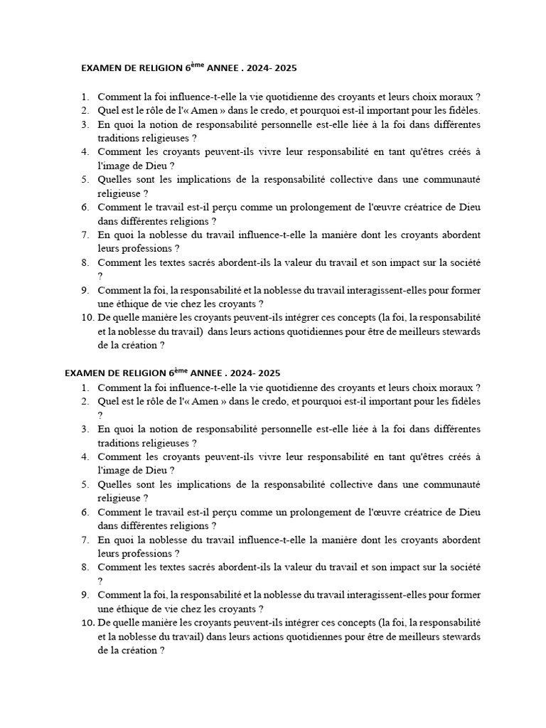 Examen de Religion : Foi et Responsabilité | PDF | Dieu | Moralité