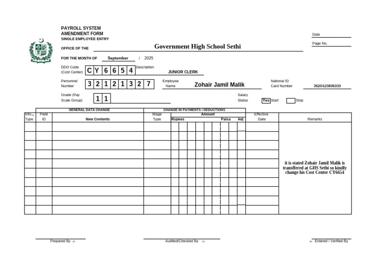 Payroll Amendment Form for Employee Transfer | PDF | Payroll | Employee ...
