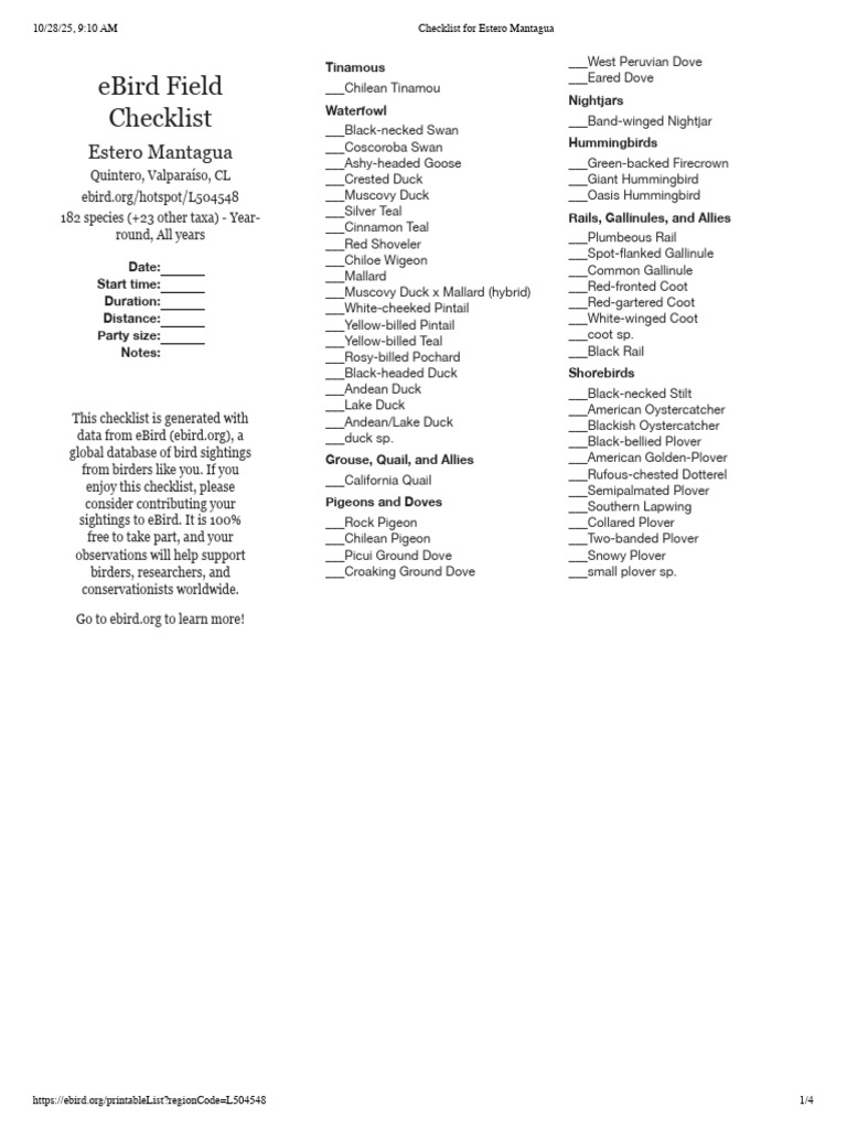 Estero Mantagua Bird Checklist | PDF | Birds | Zoology