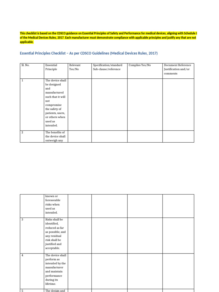 CDSCO Essential Principles Checklist | PDF | Medical Device | Safety