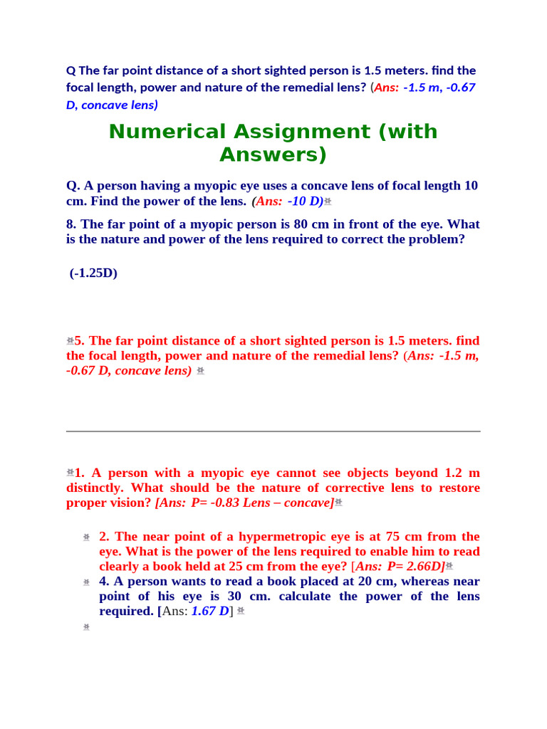 Q The Far Point Distance of A Short Sighted Person Is 1 | PDF