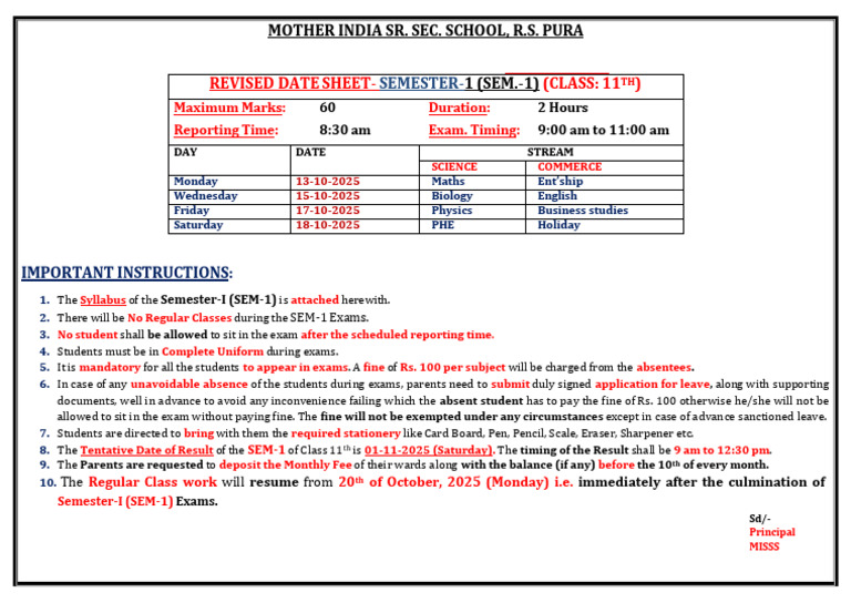 Revised Date Sheet 11th Sem-1 | PDF | Chess Theory