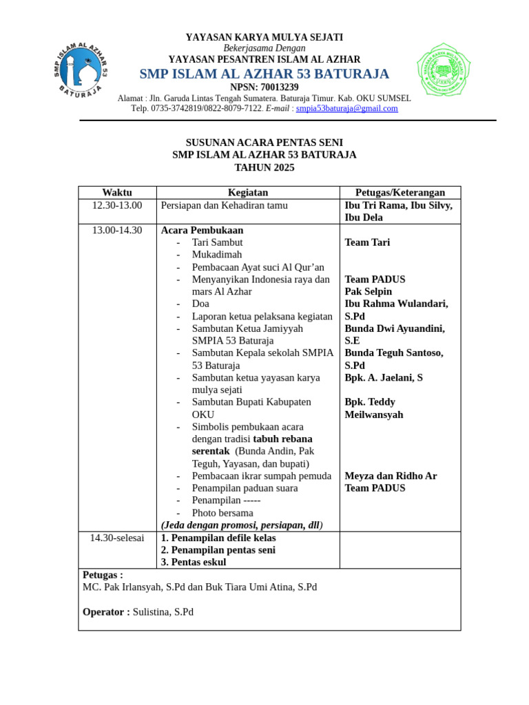 Susunan Acara Pentas Seni SMP Al Azhar 53 | PDF