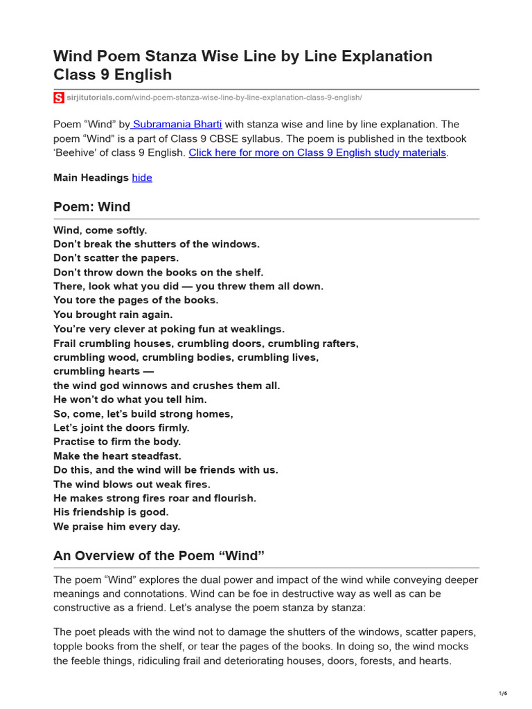 Wind Poem Analysis for Class 9 | PDF | Wound