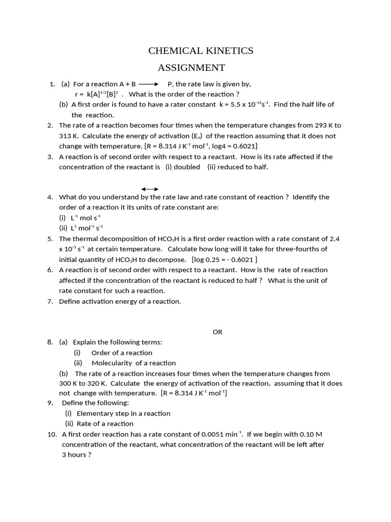 Chemical Kinetics Assignment Questions | PDF | Reaction Rate | Reaction ...