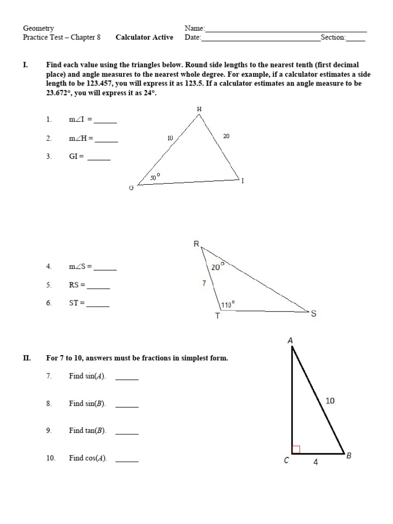 Geometry Practice Test: Chapter 8 | PDF | Trigonometric Functions ...