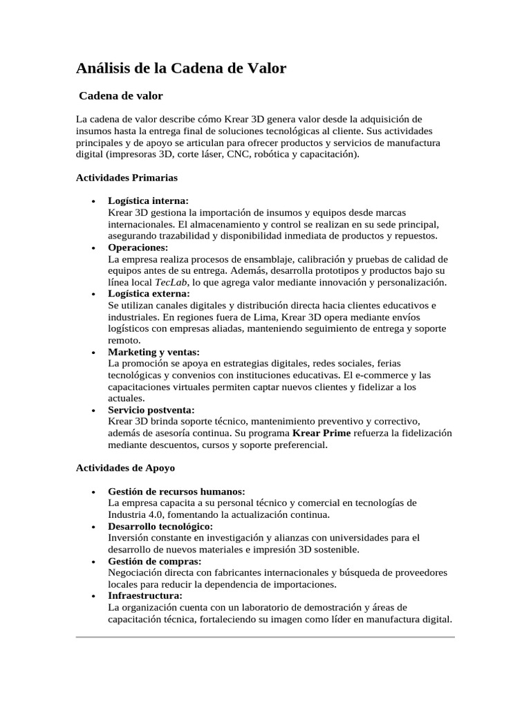 Análisis de La Cadena de Valor | PDF | Cadena de valor | Impresión 3d