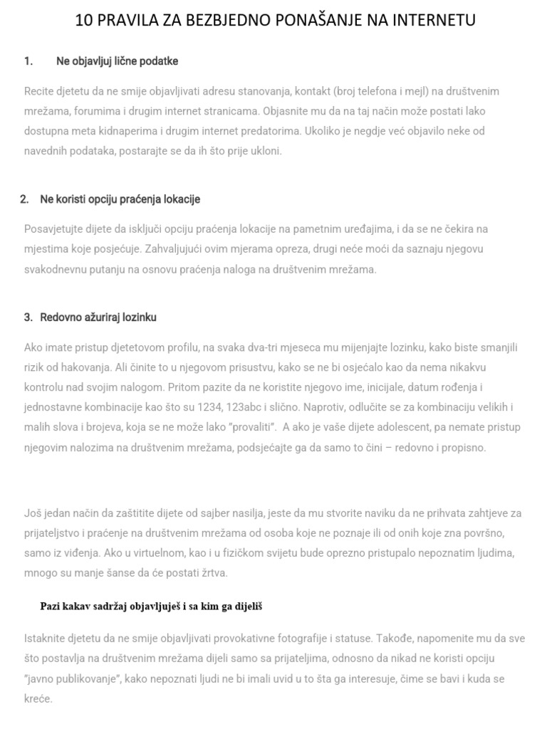10 Pravila Za Bezbjedno Ponašanje Na Internetu | PDF