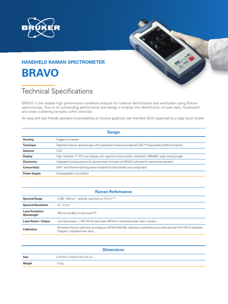 Handheld Raman Spectrometer BRAVO Specs | PDF | Raman Spectroscopy | Optics