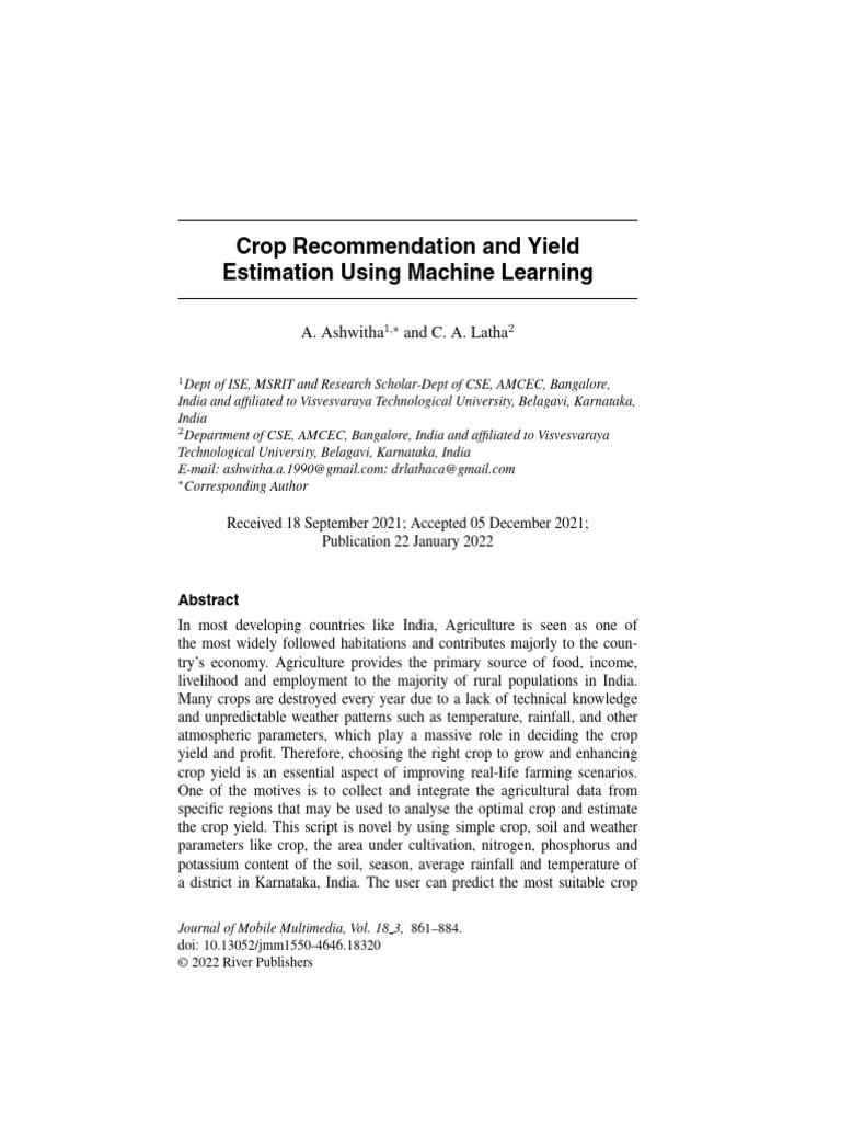 Machine Learning for Crop Yield Prediction | PDF | Support Vector ...