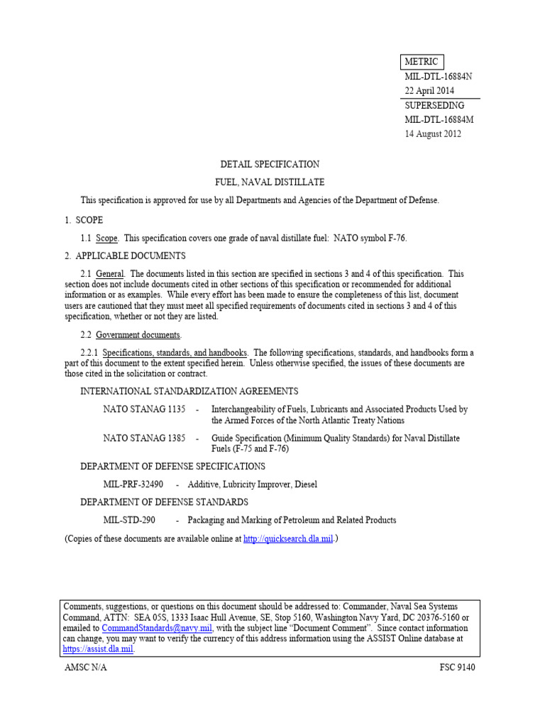 Naval Distillate Fuel Specification F-76 | PDF | Diesel Fuel | Petroleum