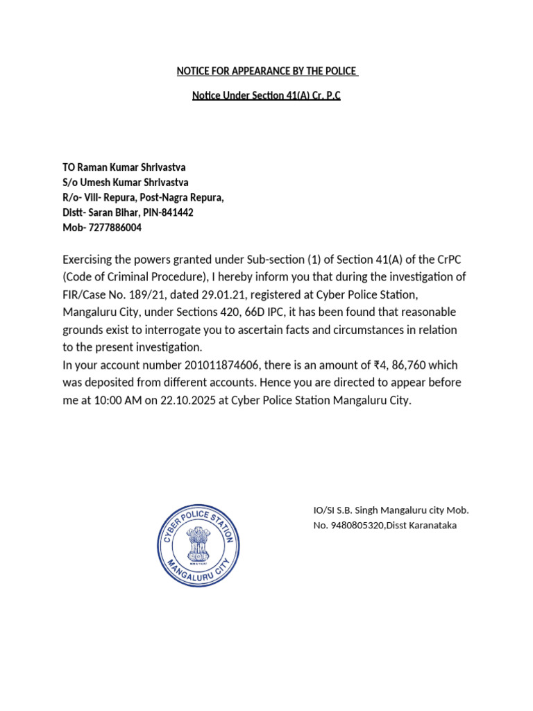 Notice For Appearance by The Police | PDF