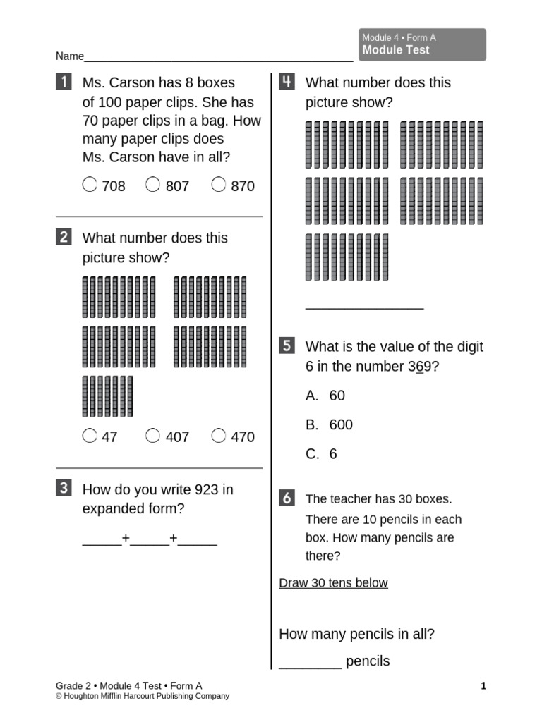 Grade 2 Math Module 4 Test Form A | PDF | Stationery
