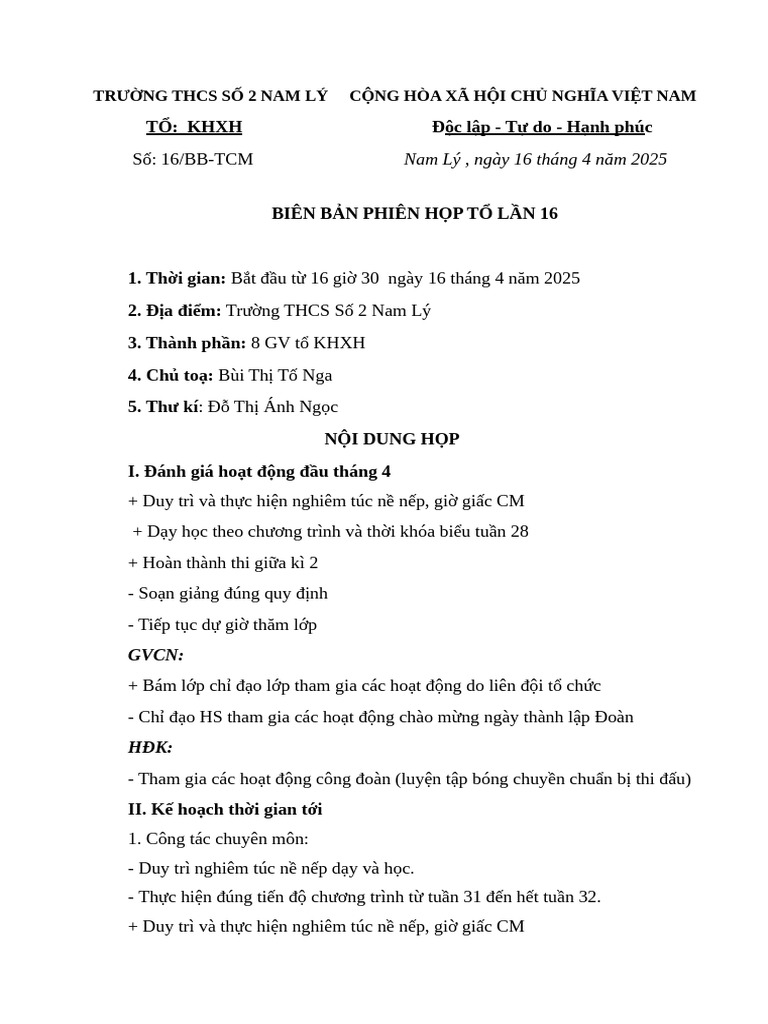 Biên Bản Phiên Họp Tổ Lần 16 | PDF
