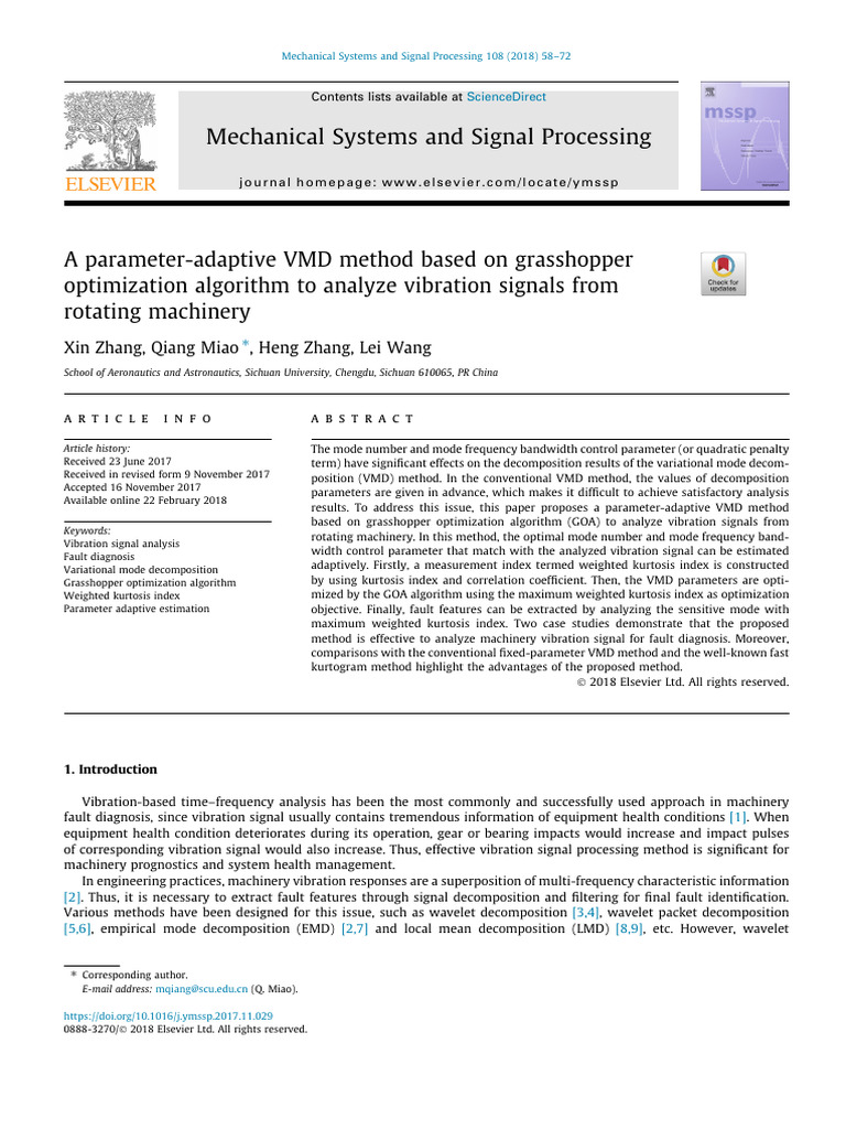 Adaptive VMD for Machinery Vibration Analysis | PDF | Wavelet | Algorithms