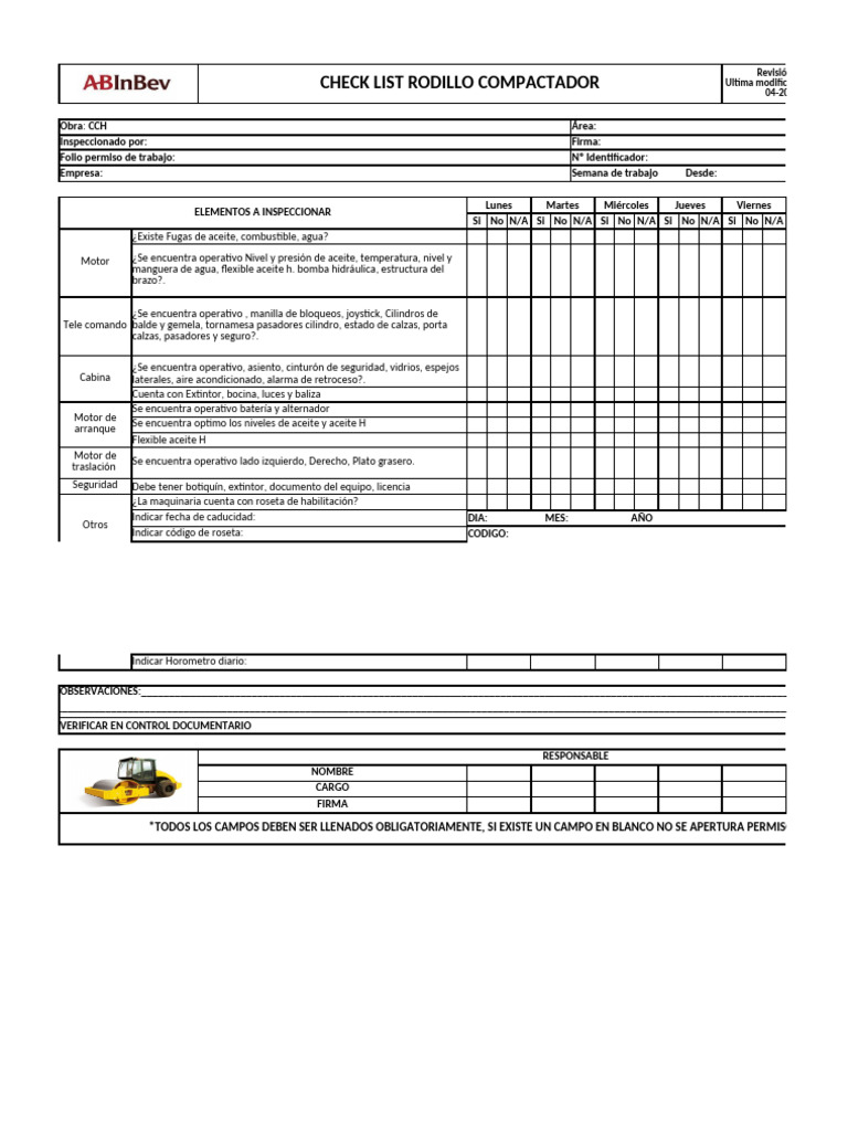 Checklist de Inspección Rodillo Compactador | PDF
