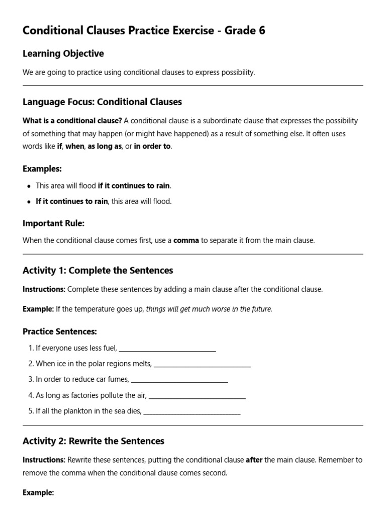 Grade 6 Conditional Clauses Exercise | PDF | Air Pollution | Clause