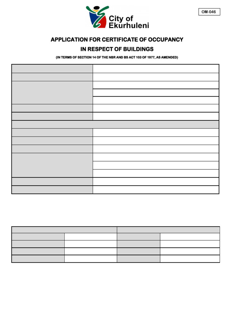 Certificate of Occupancy Application Form | PDF