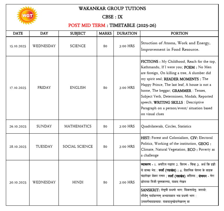 CBSE IX Post Mid Term Timetable 2025 | PDF | Linguistics | Language ...