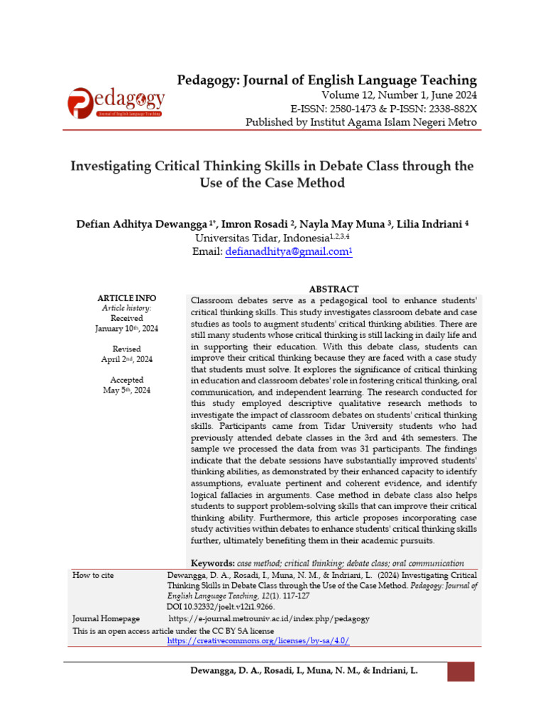 Enhancing Critical Thinking in Debate Class | PDF | Critical Thinking ...