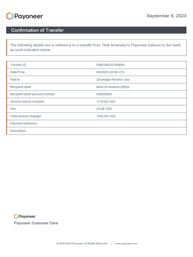 Payoneer Transfer Confirmation Details | PDF