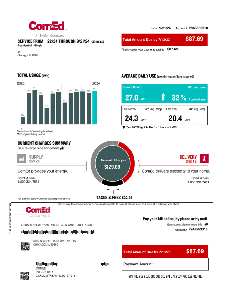 ComEd Sample Bill Overview | PDF | Cheque | Fee