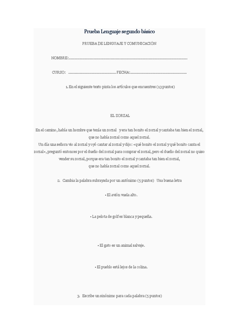 Prueba de Lenguaje Segundo Básico | PDF