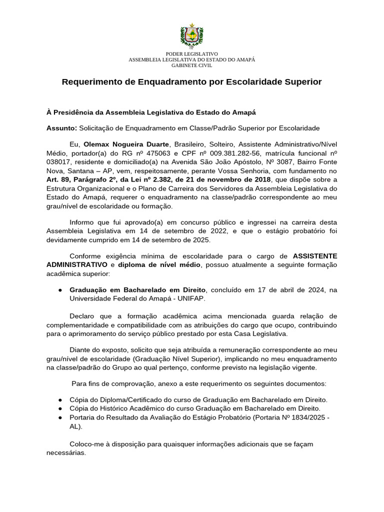 Requerimento de Enquadramento Superior | PDF | Diploma de bacharel
