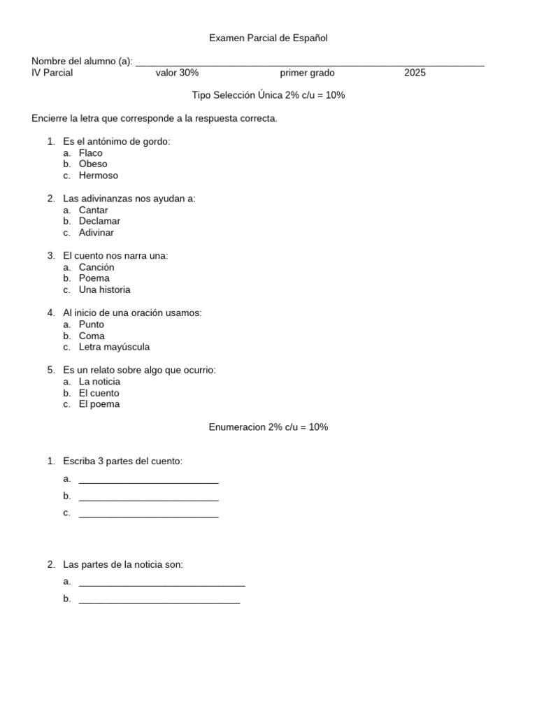 Examen Parcial de Español IV Parcial | PDF