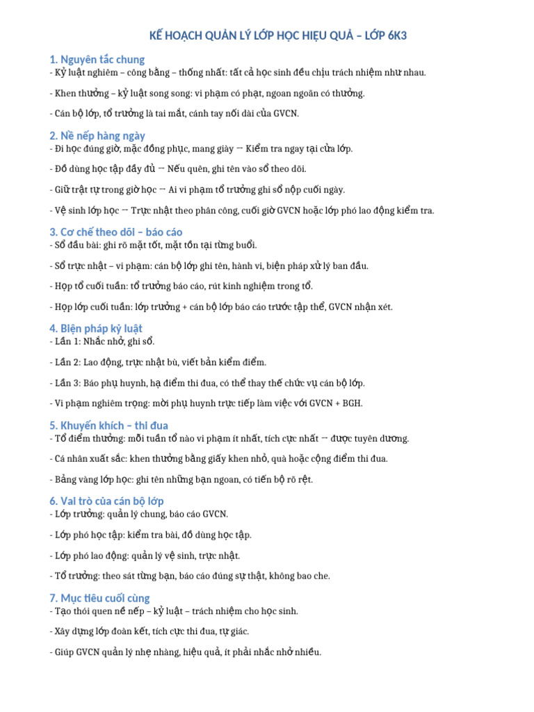 Ke Hoach Quan Ly Lop6 | PDF