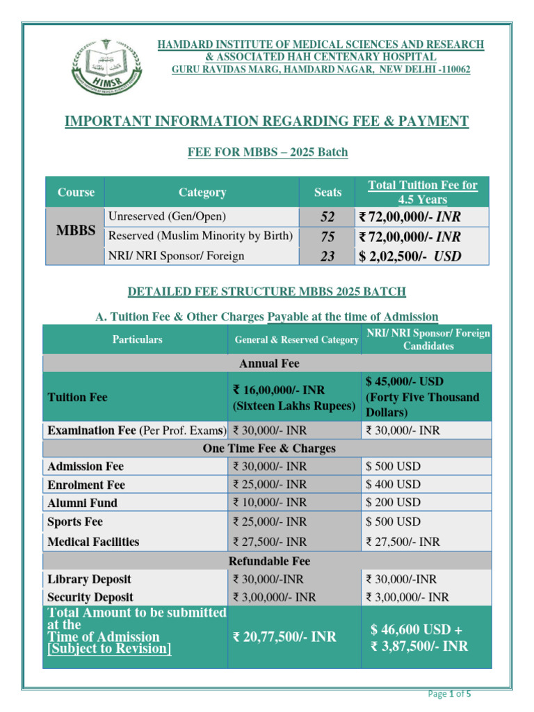 Mbbs Fee Details 2025 26 | PDF | Fee | Payments