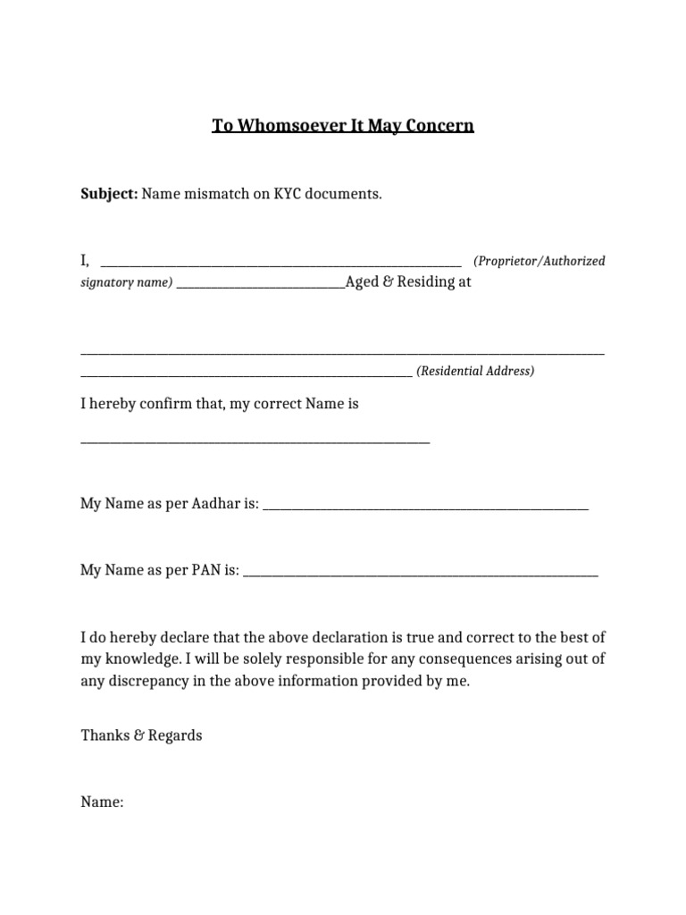 KYC Name Mismatch Declaration Form | PDF