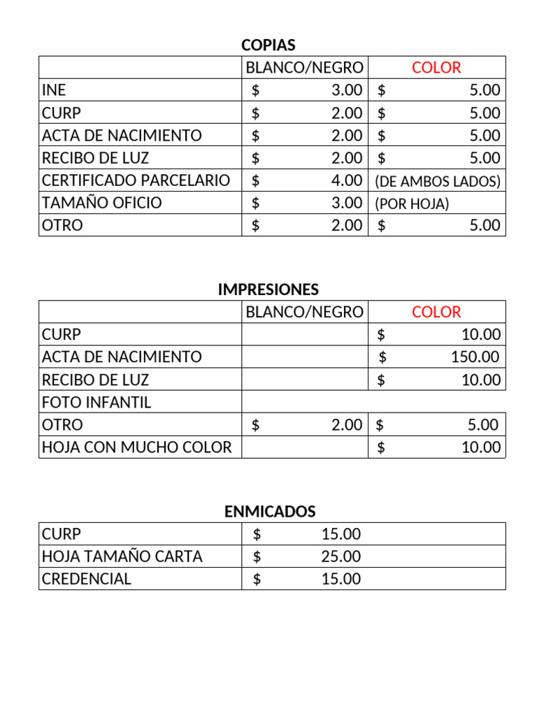 Precios de Copias e Impresiones 2023 | PDF